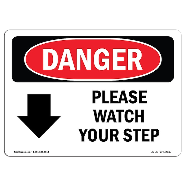OSHA Sign, Please Watch Your Step Down Arrow, 5in X 3.5in Decal, 10PK, 5" W, 3.5" H, Landscape, PK10